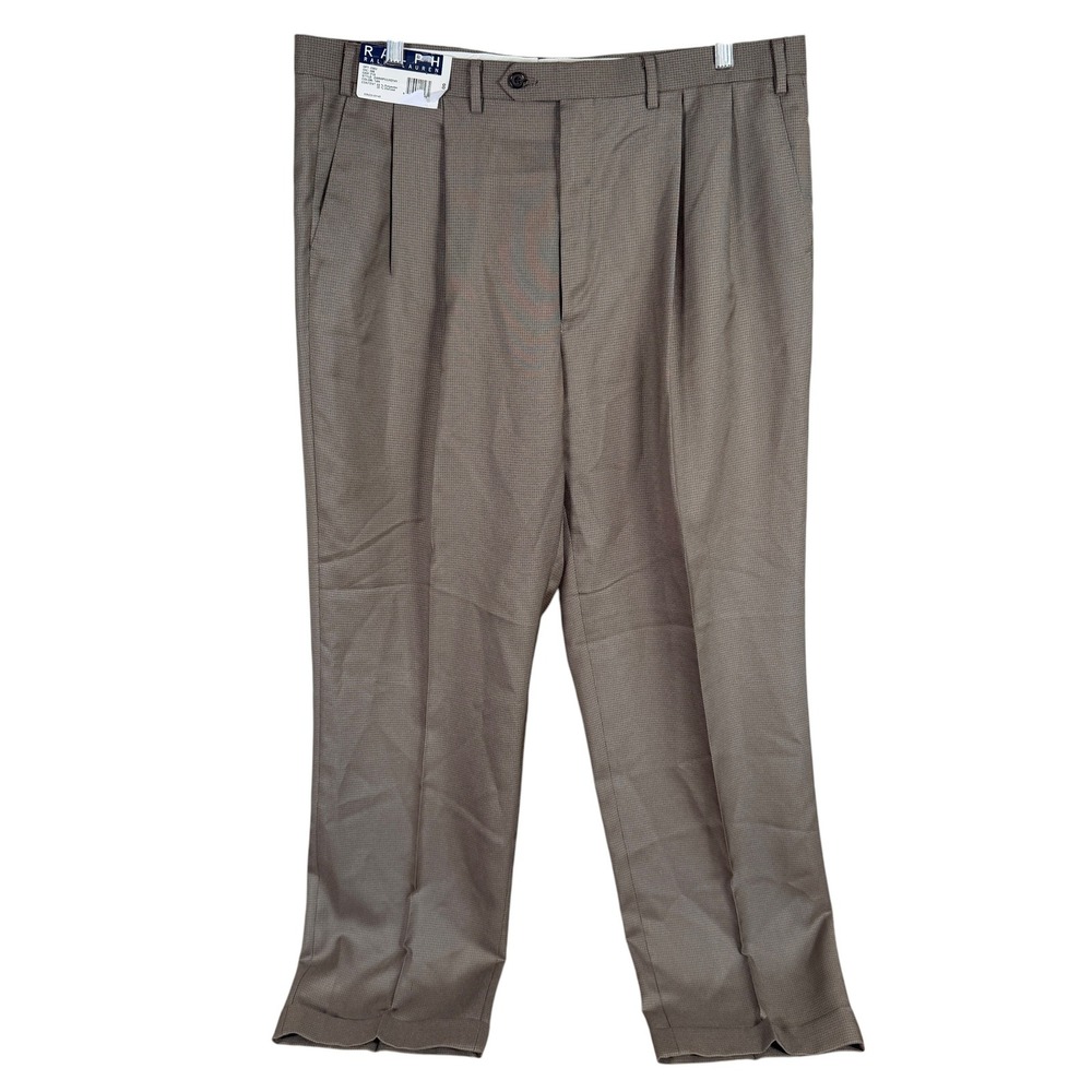 Vintage Ralph Lauren Pleated Dress Pants Mens 40x32 Tan Cuffed Check Stretch NEW